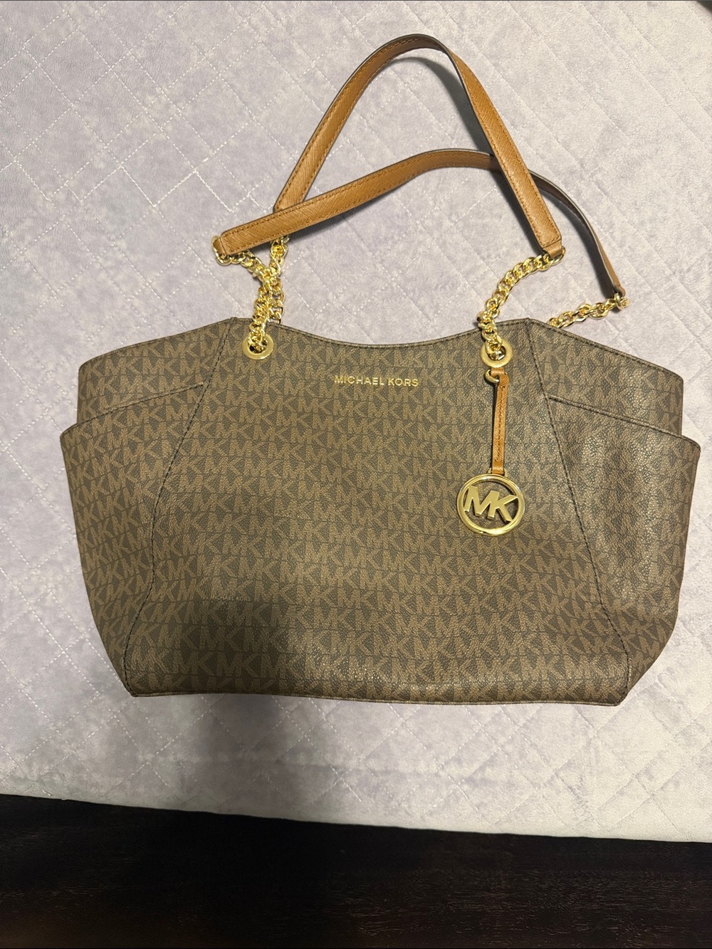 Michael Kors Tan/Brown MK Logo Chain-Handle Tote